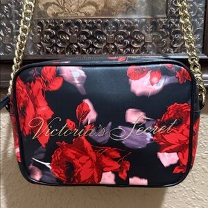 NWOT Victoria's Secret Black & Red Floral Crossbody Bag.  VS Gold Logo.